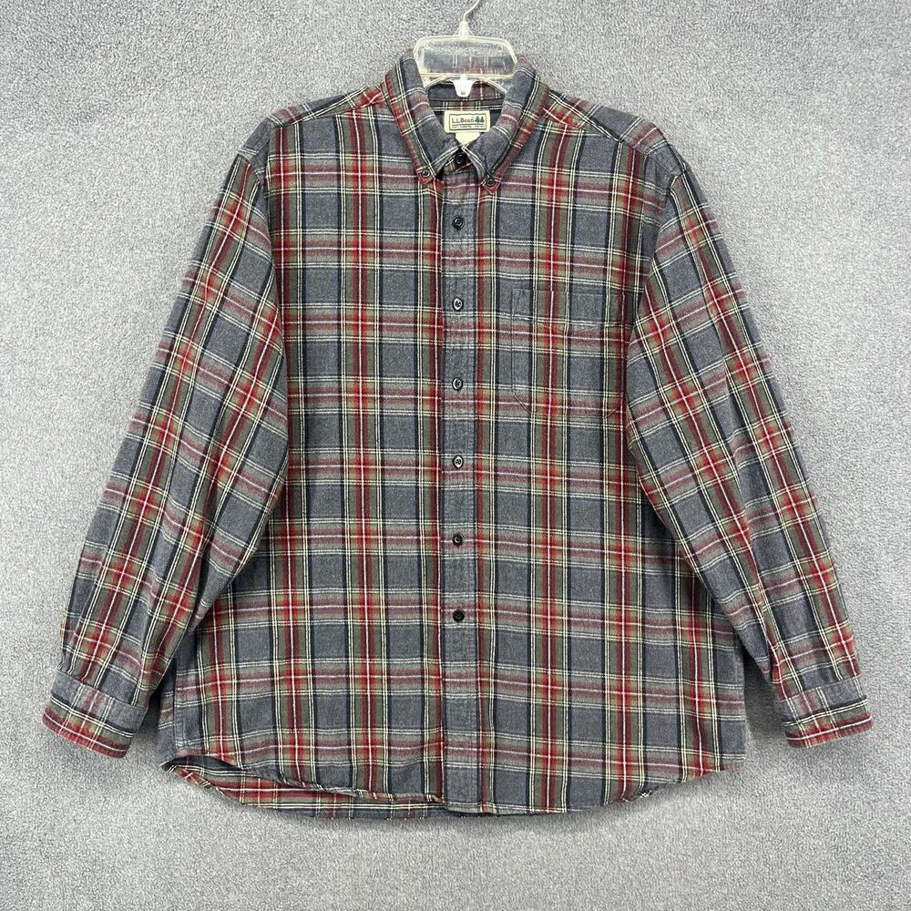 L.L.Bean Shirt Mens Large Gray Red Plaid Flannel Button-Down Long Sleeve Pocket